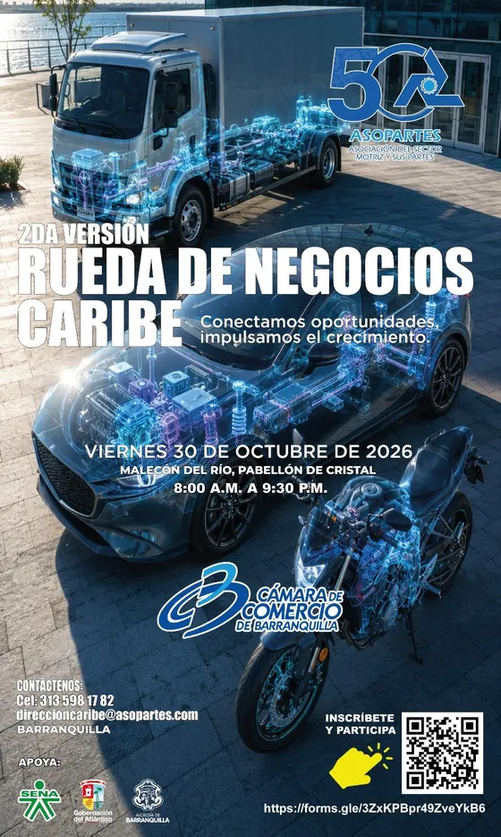 Afiche de la segunda versión de la Rueda de Negocios Caribe de ASOPARTES: viernes 30 de octubre de 2026, Malecón del Río, Pabellón de Cristal, de 8:00 a. m. a 9:30 p. m.